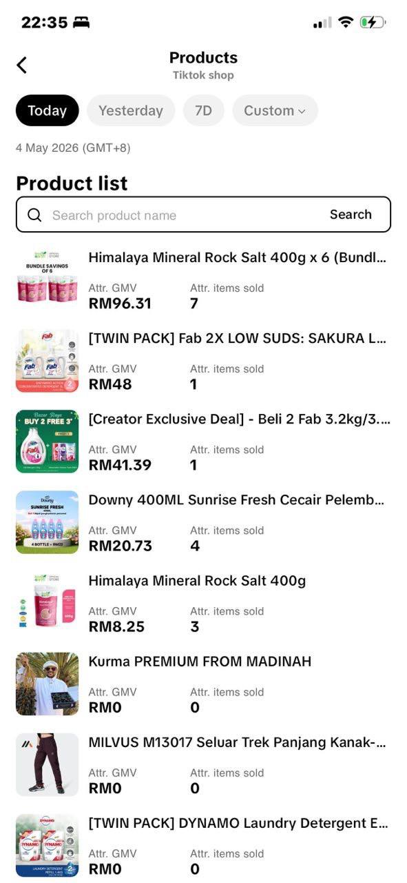 Screenshot hasil customer dengan RM433.55 GMV dan 40 items sold